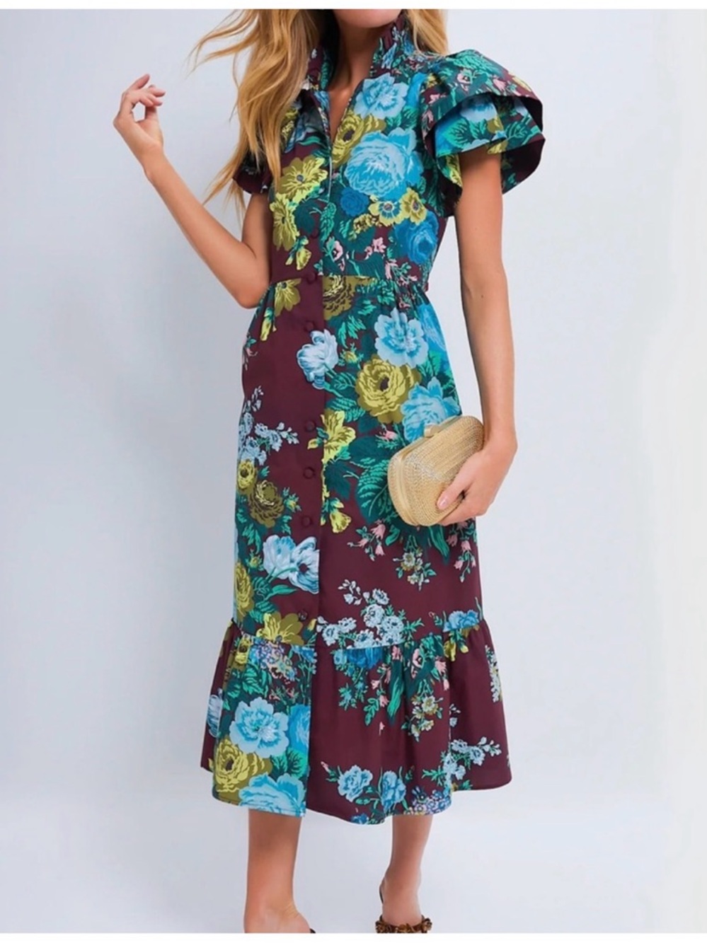 Floral Ruffle-Sleeve Midi Dress in Burgundy and Teal